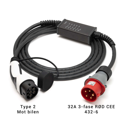 SPARK RED 32 ladekabel — 432-6 (32A/3-fase) rød industriplugg — Type 2 plugg — Elbilgrossisten